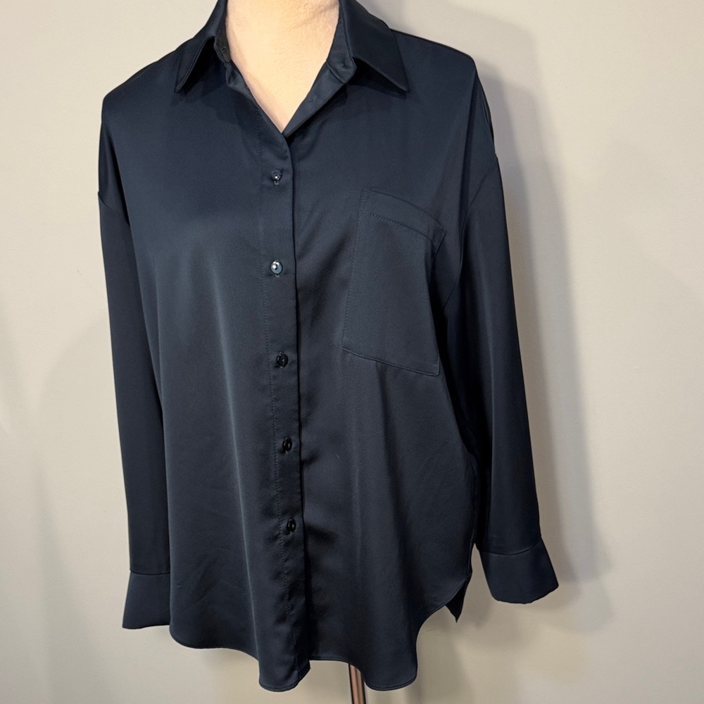 Joseph Ribkoff deep blue/green polyester satin Button-Up Blouse Size 8